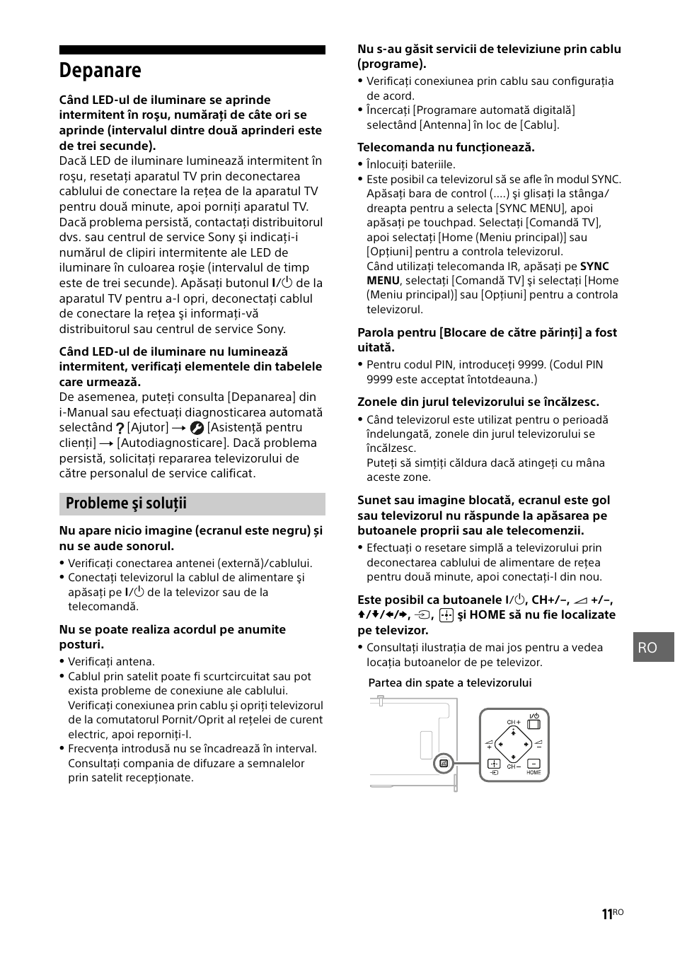 Depanare, Probleme şi soluţii, Ro 11 | Sony KD-49X8505B User Manual | Page 243 / 328