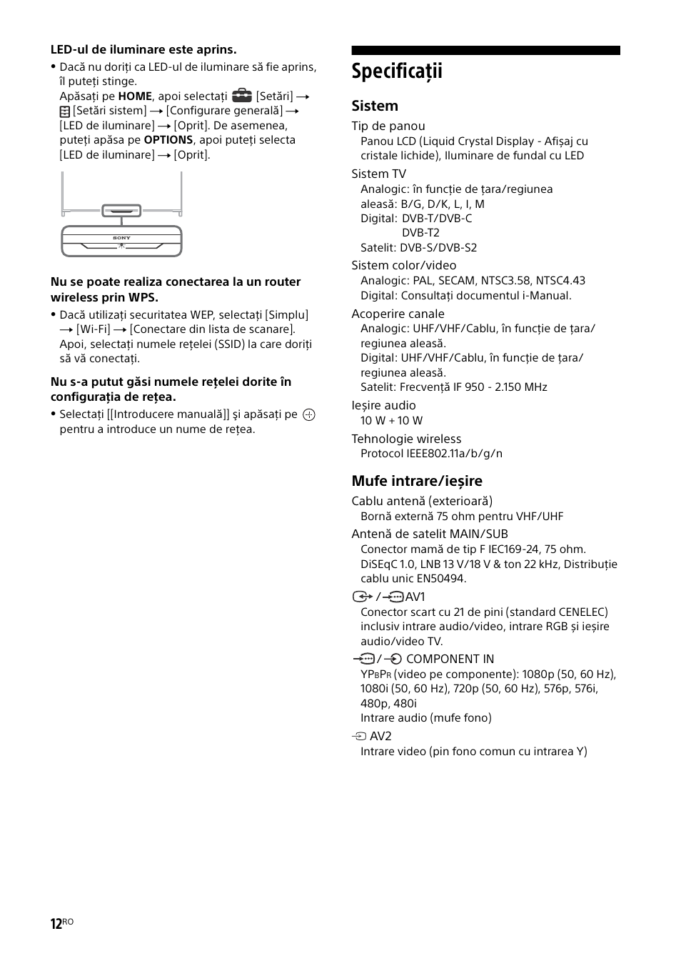 Specificaţii, Sistem, Mufe intrare/ieșire | Sony KD-49X8505B User Manual | Page 244 / 328
