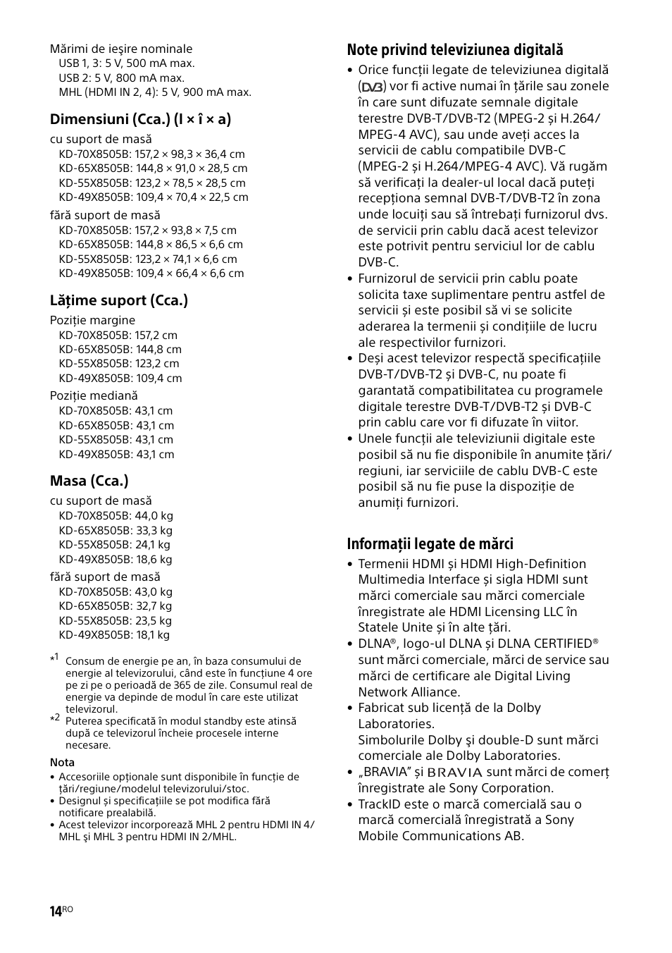 Informaţii legate de mărci, Lăţime suport (cca.), Masa (cca.) | Sony KD-49X8505B User Manual | Page 246 / 328