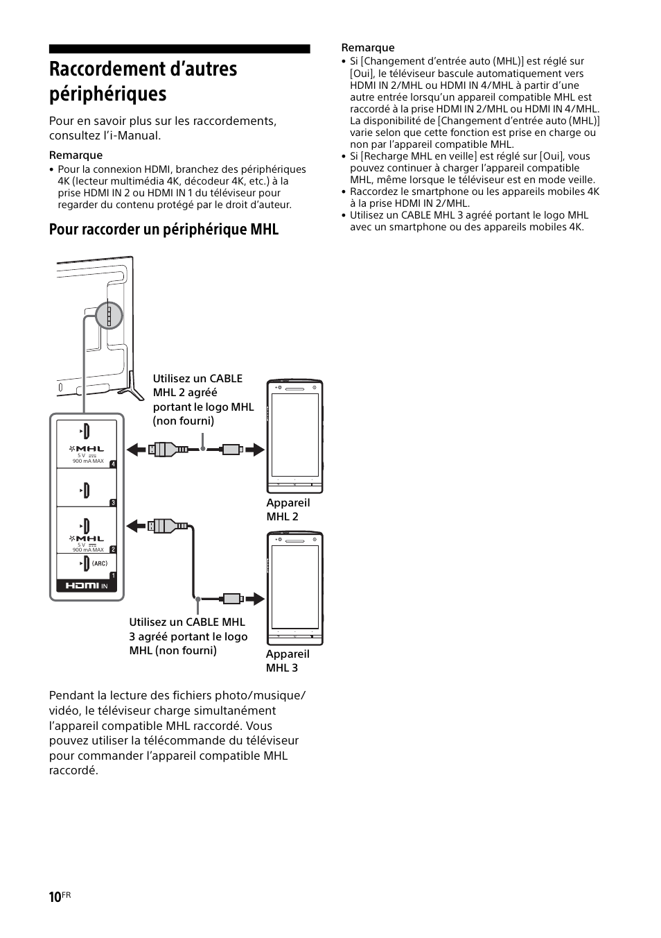 Raccordement d’autres périphériques, Pour raccorder un périphérique mhl | Sony KD-49X8505B User Manual | Page 26 / 328
