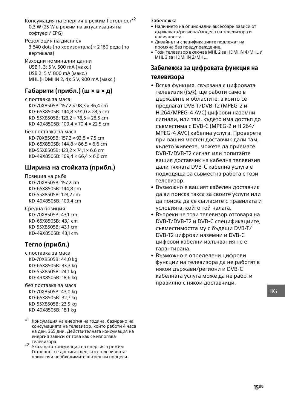 Забележка за цифровата функция на телевизора | Sony KD-49X8505B User Manual | Page 261 / 328