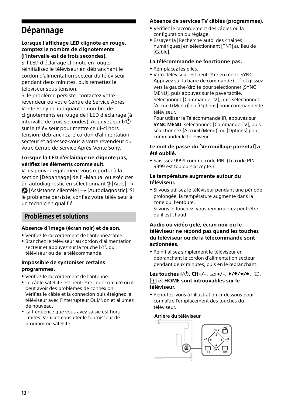 Dépannage, Problèmes et solutions | Sony KD-49X8505B User Manual | Page 28 / 328