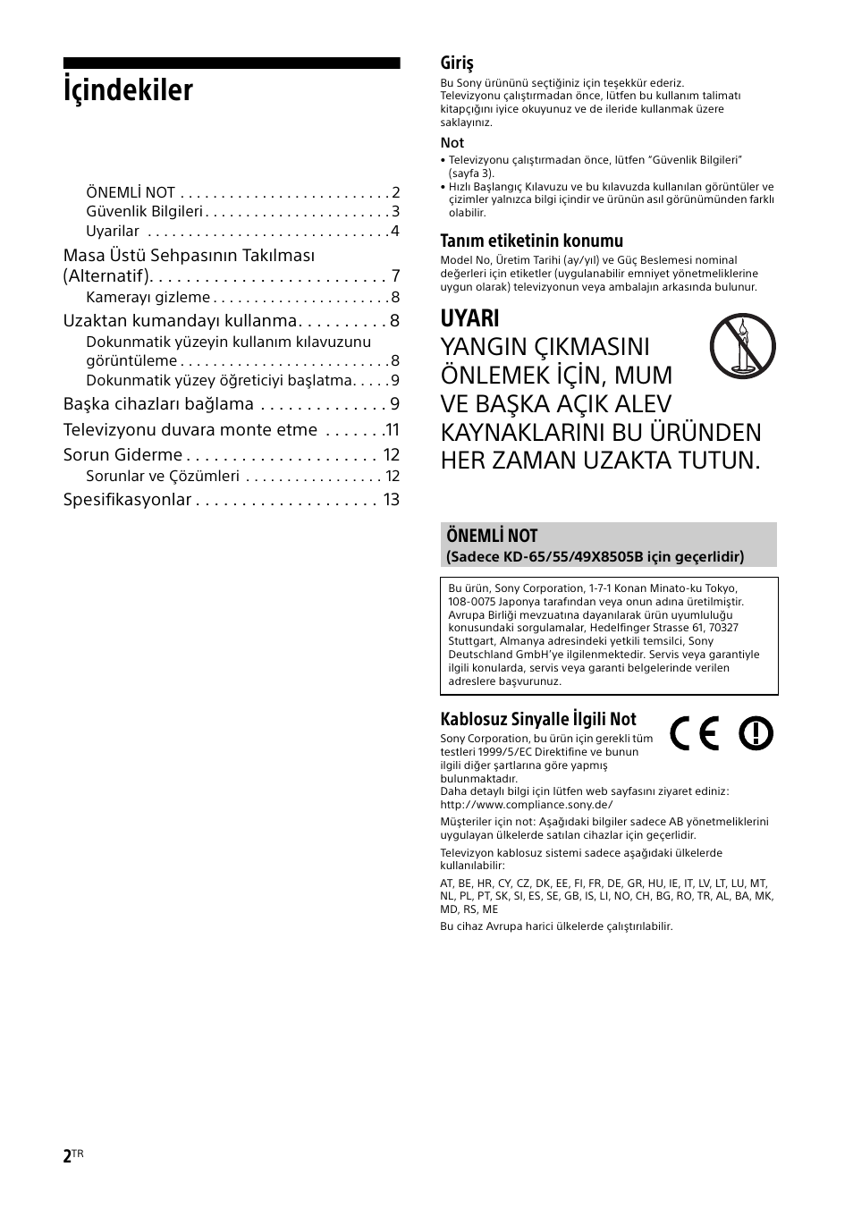 Önemli not, Içindekiler, Giriş | Tanım etiketinin konumu, Kablosuz sinyalle ilgili not | Sony KD-49X8505B User Manual | Page 280 / 328