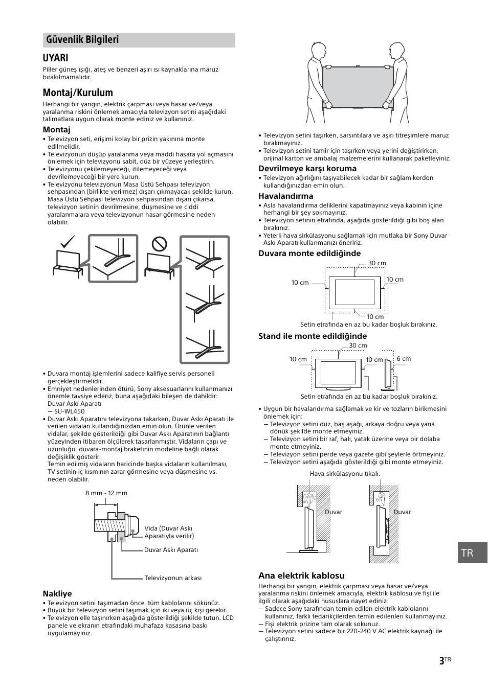 Güvenlik bilgileri, Sayfa 3), Uyari | Montaj/kurulum | Sony KD-49X8505B User Manual | Page 281 / 328