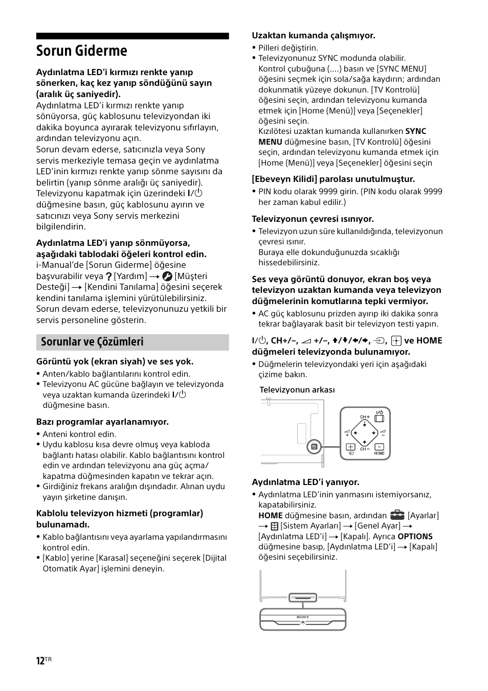 Sorun giderme, Sorunlar ve çözümleri | Sony KD-49X8505B User Manual | Page 290 / 328