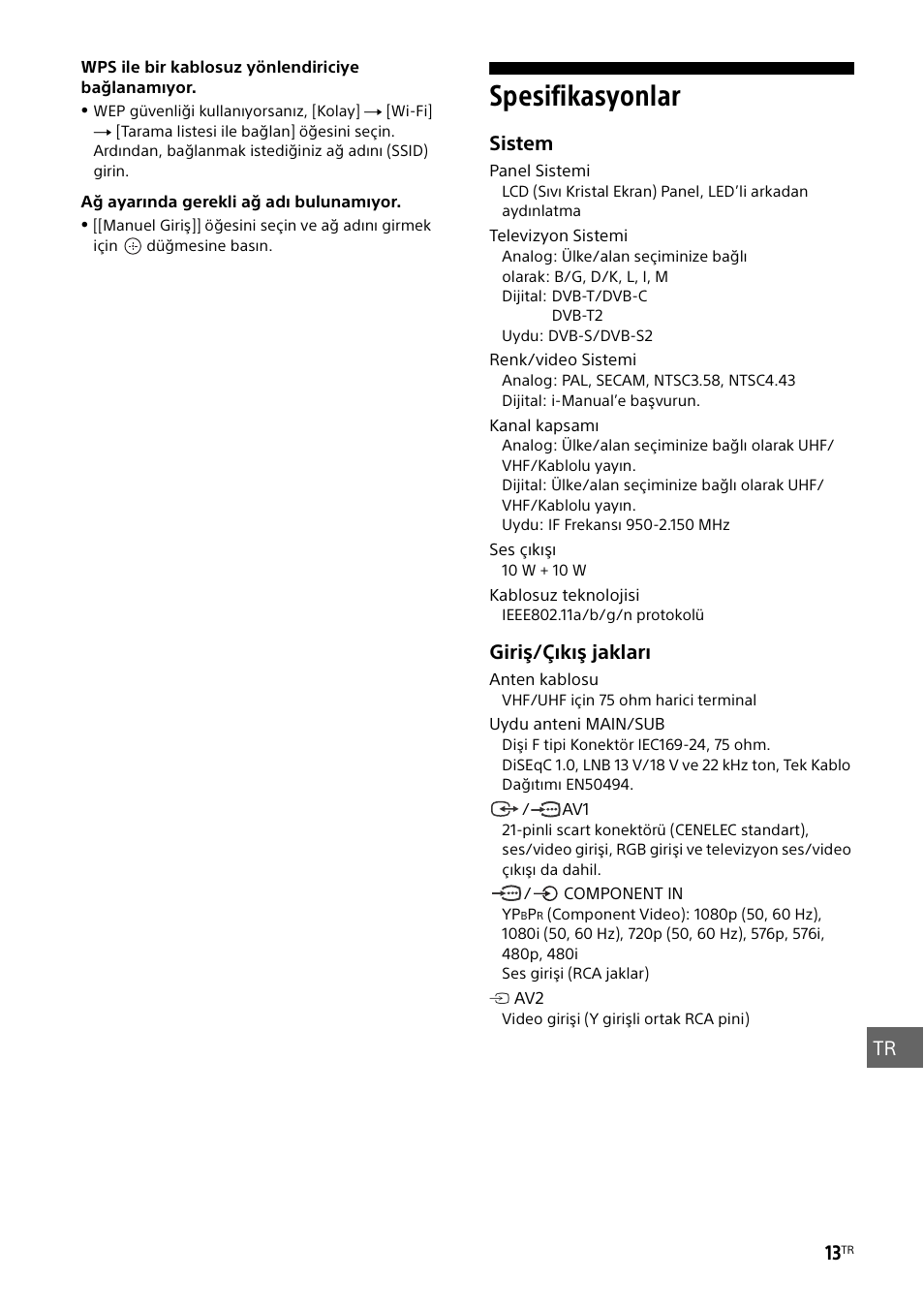 Spesifikasyonlar | Sony KD-49X8505B User Manual | Page 291 / 328