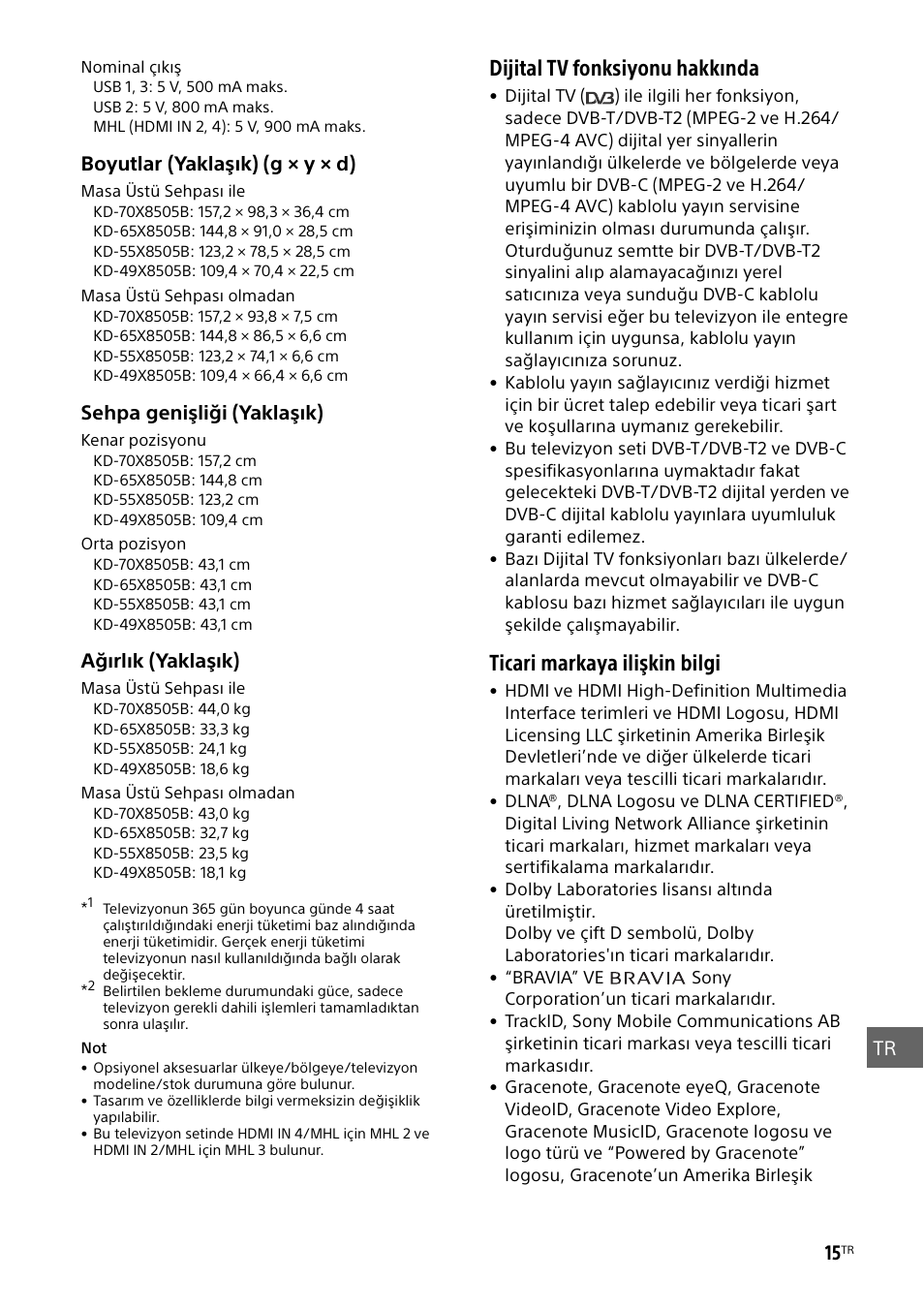 Dijital tv fonksiyonu hakkında, Ticari markaya ilişkin bilgi | Sony KD-49X8505B User Manual | Page 293 / 328