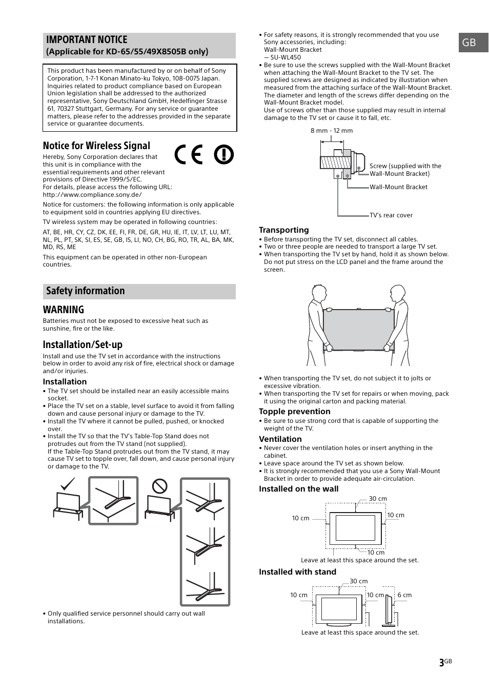 Important notice, Safety information, Gb notice for wireless signal | Warning, Installation/set-up | Sony KD-49X8505B User Manual | Page 3 / 328