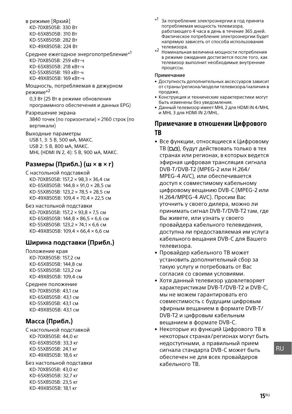 Примечание в отношении цифрового тв | Sony KD-49X8505B User Manual | Page 309 / 328