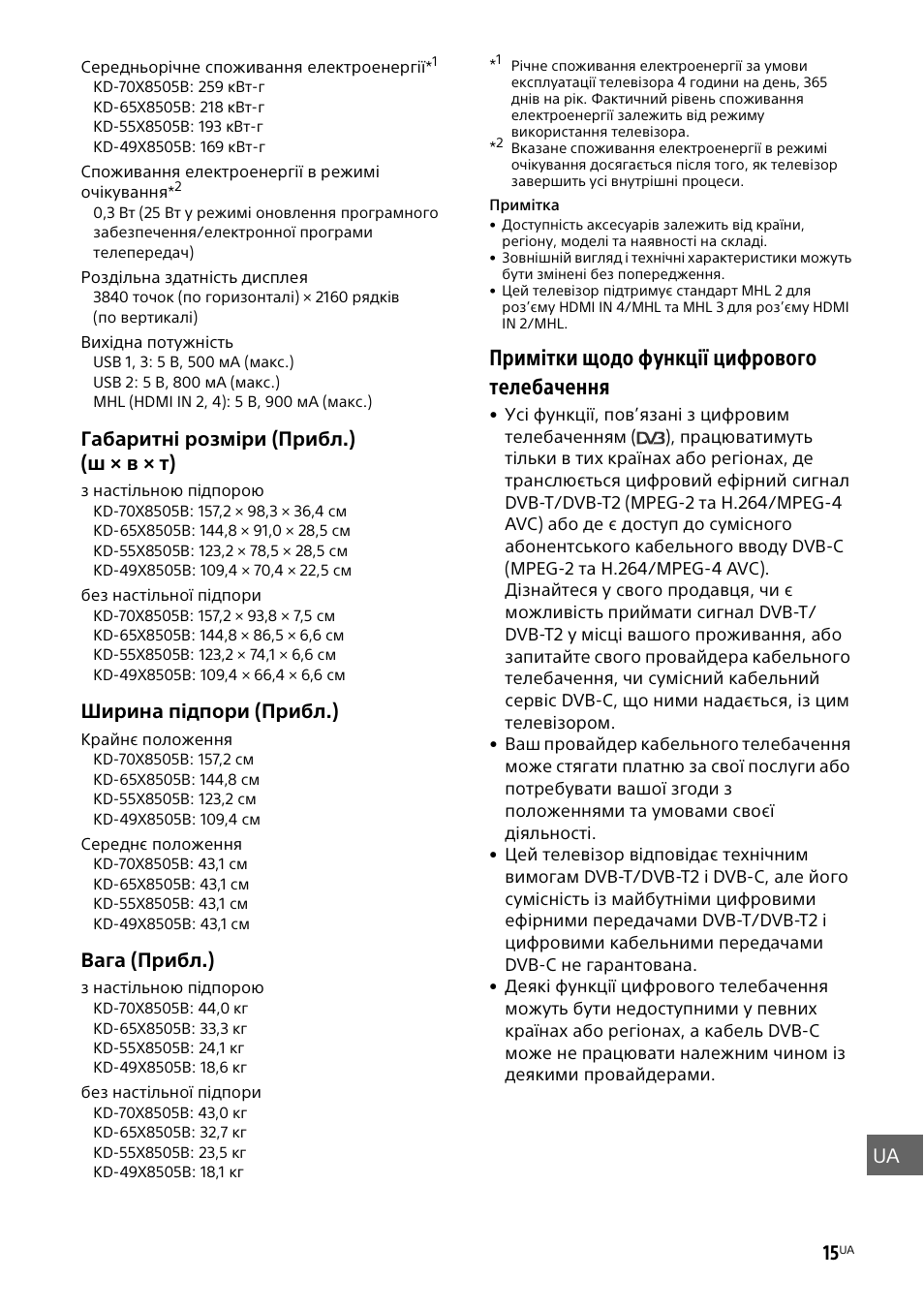 Примітки щодо функції цифрового телебачення, Ua 15, Габаритні розміри (прибл.) (ш × в × т) | Ширина підпори (прибл.), Вага (прибл.) | Sony KD-49X8505B User Manual | Page 325 / 328