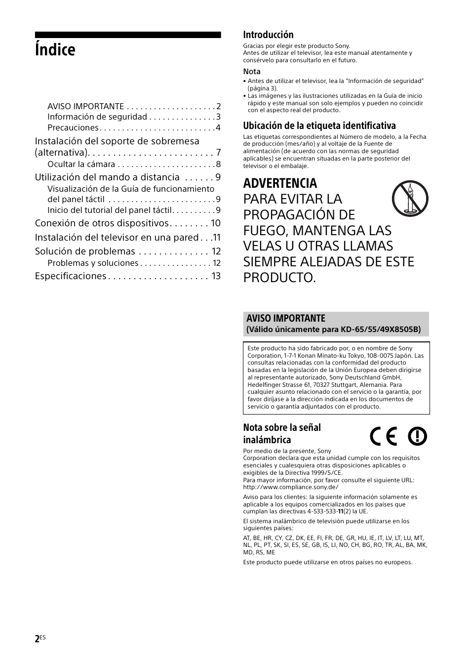Aviso importante, Índice, Introducción | Ubicación de la etiqueta identificativa, Nota sobre la señal inalámbrica | Sony KD-49X8505B User Manual | Page 34 / 328