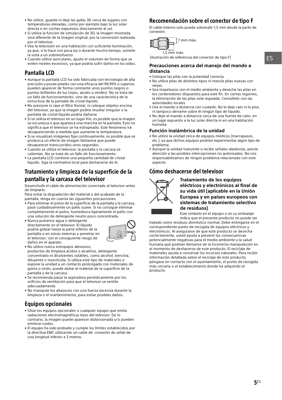 Pantalla lcd, Equipos opcionales, Recomendación sobre el conector de tipo f | Cómo deshacerse del televisor | Sony KD-49X8505B User Manual | Page 37 / 328