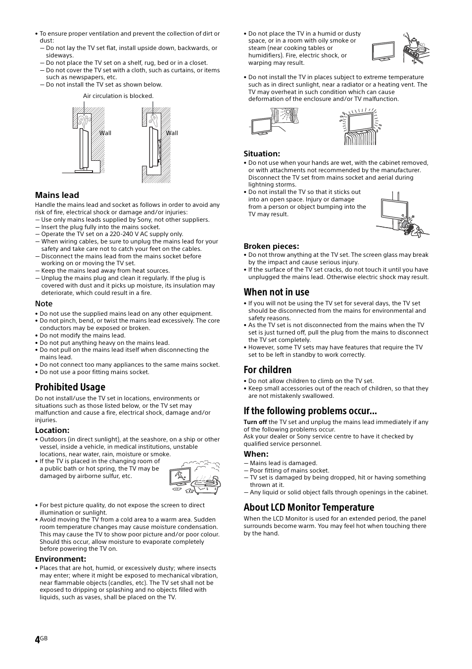 Prohibited usage, When not in use, For children | If the following problems occur, About lcd monitor temperature | Sony KD-49X8505B User Manual | Page 4 / 328