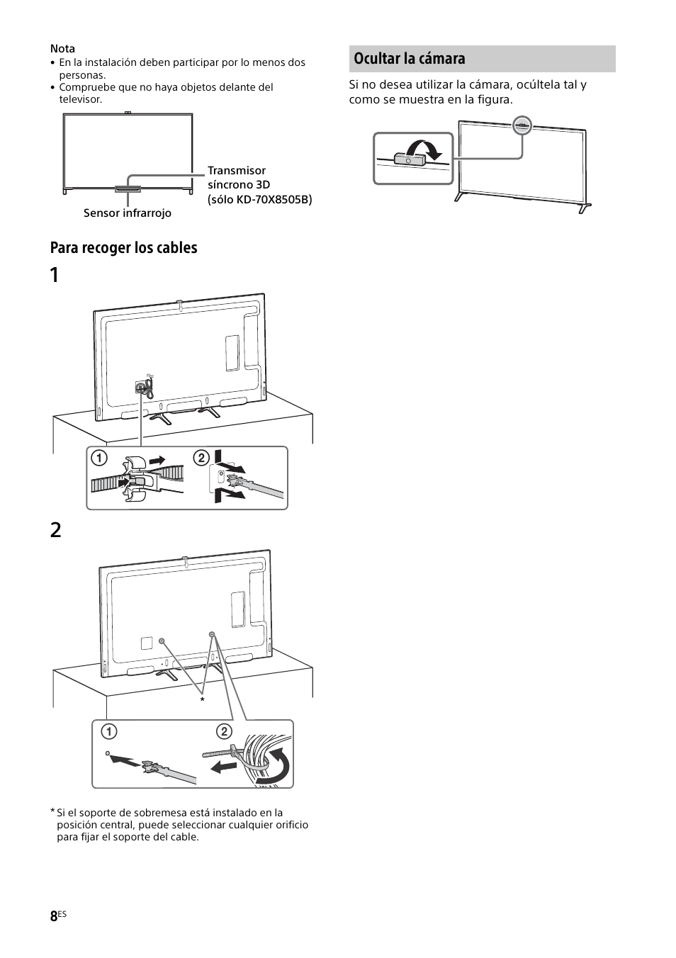 Ocultar la cámara, Para recoger los cables | Sony KD-49X8505B User Manual | Page 40 / 328