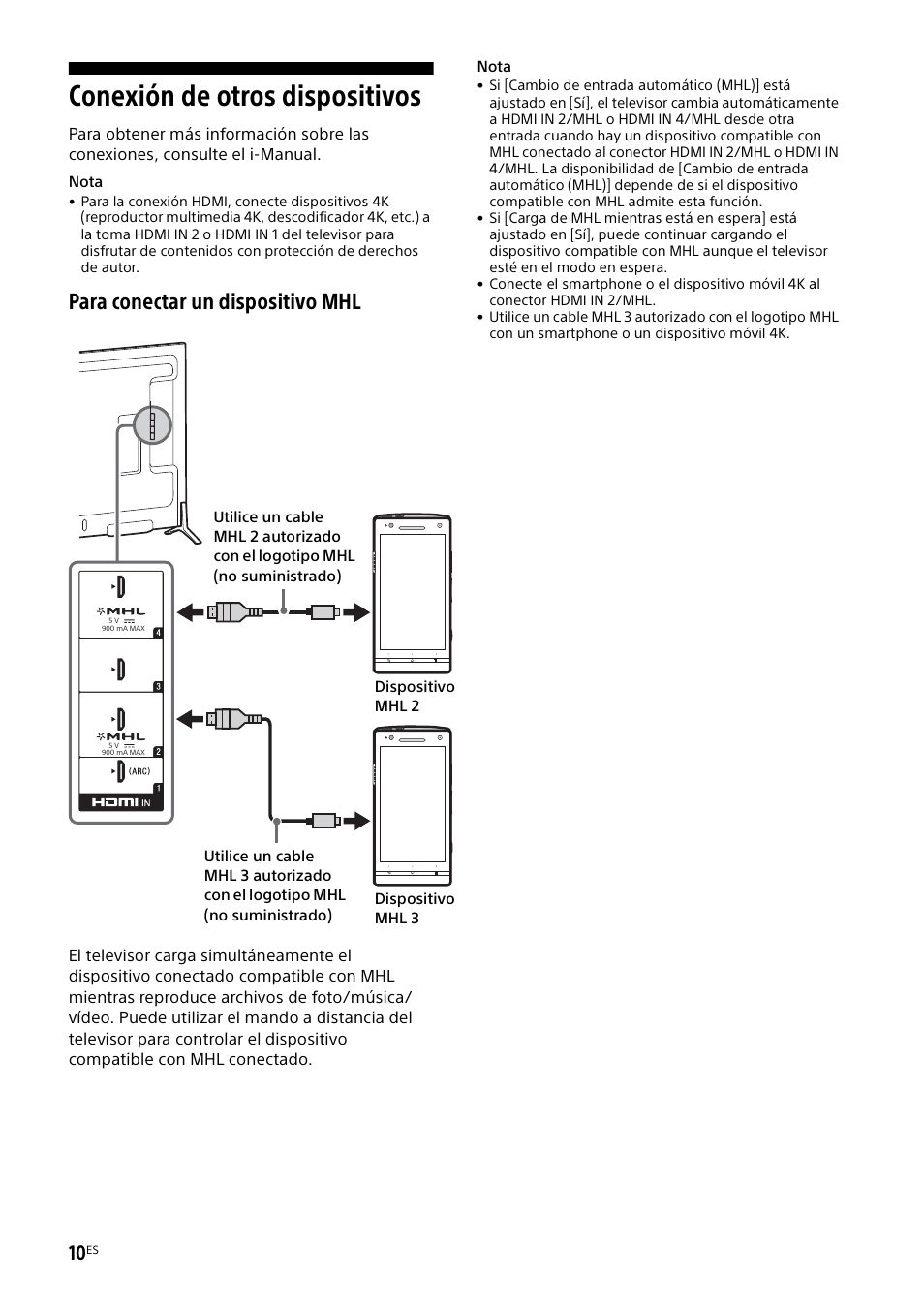 Conexión de otros dispositivos, Para conectar un dispositivo mhl | Sony KD-49X8505B User Manual | Page 42 / 328