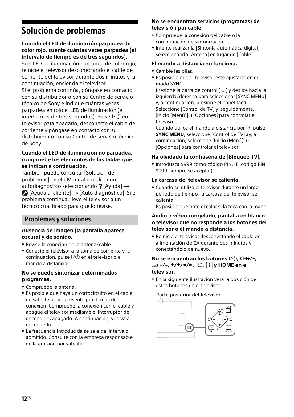 Solución de problemas, Problemas y soluciones | Sony KD-49X8505B User Manual | Page 44 / 328