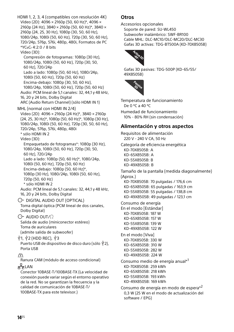 Otros, Alimentación y otros aspectos | Sony KD-49X8505B User Manual | Page 46 / 328