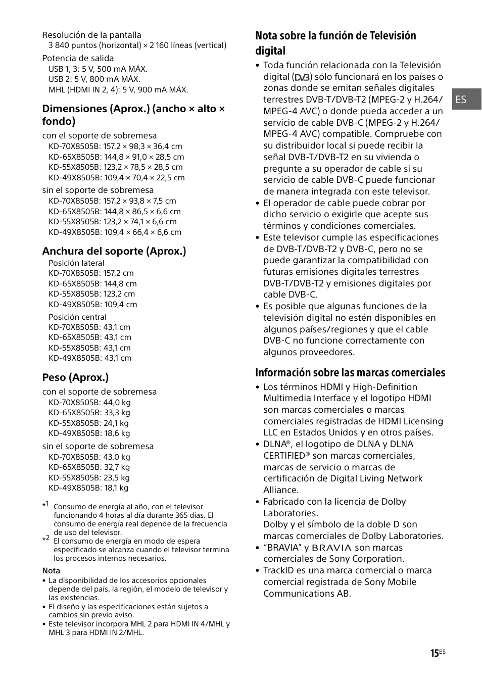 Nota sobre la función de televisión digital, Información sobre las marcas comerciales | Sony KD-49X8505B User Manual | Page 47 / 328