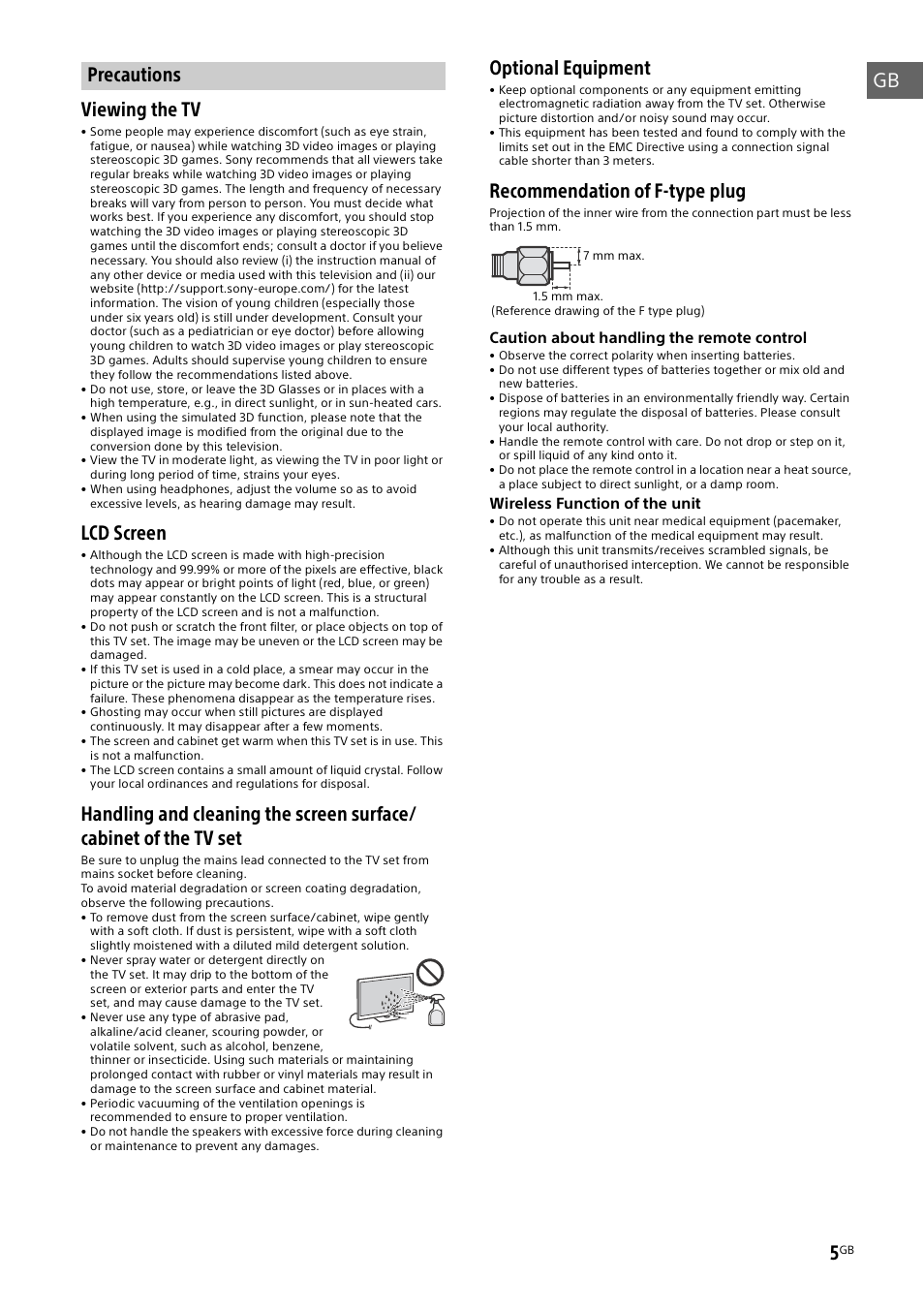 Precautions, Gb viewing the tv, Lcd screen | Optional equipment, Recommendation of f-type plug | Sony KD-49X8505B User Manual | Page 5 / 328