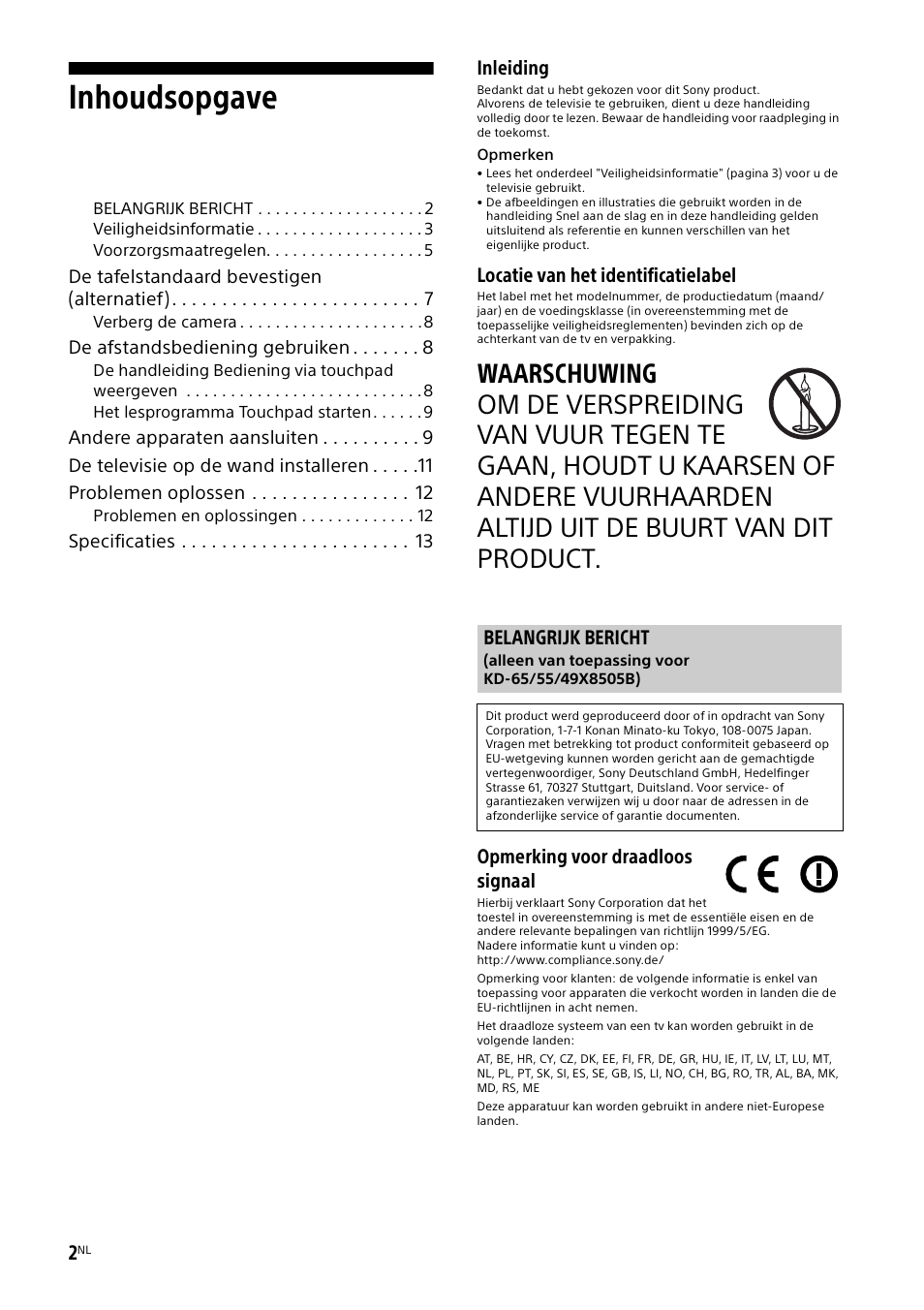 Belangrijk bericht, Inhoudsopgave, Inleiding | Locatie van het identificatielabel, Opmerking voor draadloos signaal | Sony KD-49X8505B User Manual | Page 50 / 328