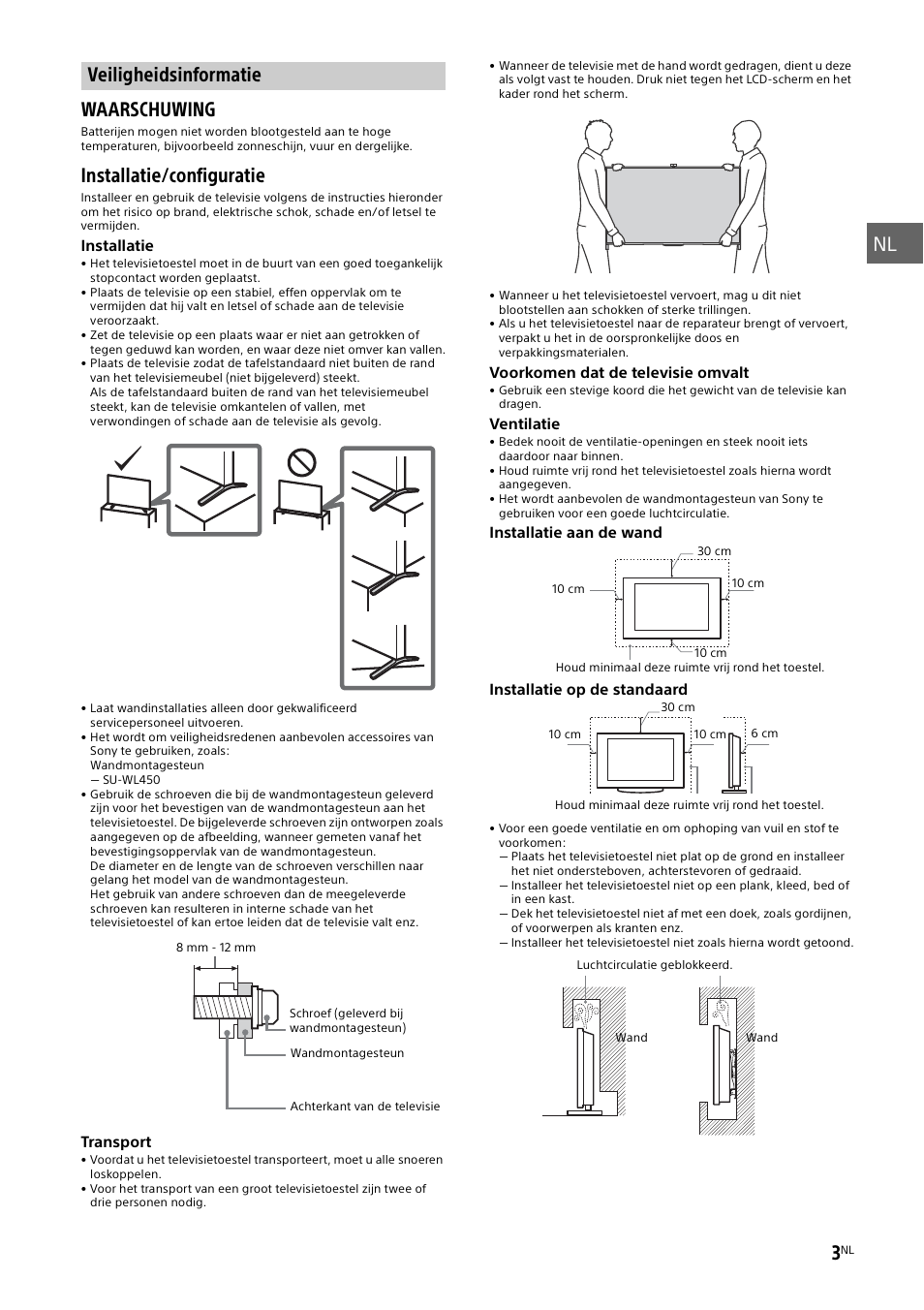 Veiligheidsinformatie, Waarschuwing, Installatie/configuratie | Sony KD-49X8505B User Manual | Page 51 / 328