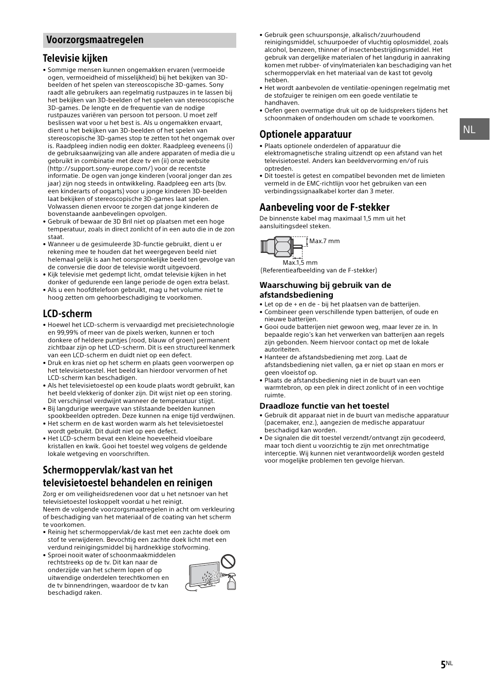 Voorzorgsmaatregelen, Televisie kijken, Lcd-scherm | Optionele apparatuur, Aanbeveling voor de f-stekker | Sony KD-49X8505B User Manual | Page 53 / 328