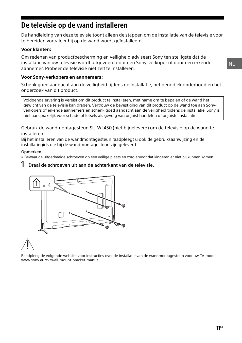 De televisie op de wand installeren | Sony KD-49X8505B User Manual | Page 59 / 328