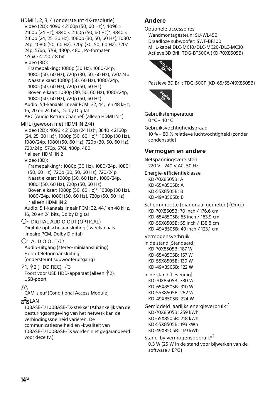 Andere, Vermogen en andere | Sony KD-49X8505B User Manual | Page 62 / 328