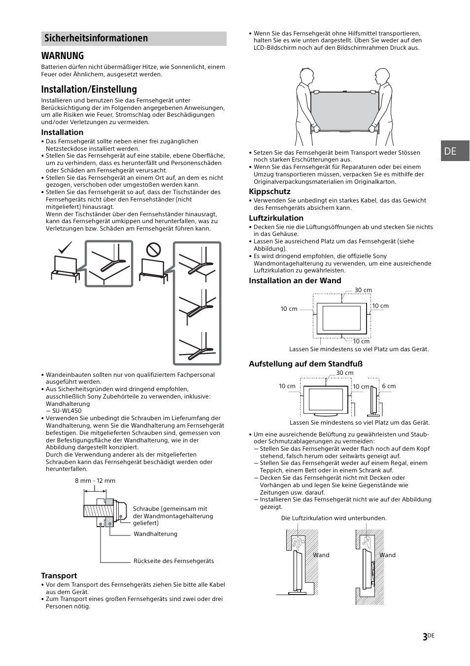 Sicherheitsinformationen, Seite 3), De 3 | Warnung, Installation/einstellung | Sony KD-49X8505B User Manual | Page 67 / 328