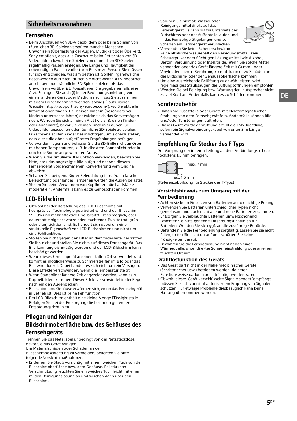 Sicherheitsmassnahmen, De 5, Fernsehen | Lcd-bildschirm, Sonderzubehör, Empfehlung für stecker des f-typs | Sony KD-49X8505B User Manual | Page 69 / 328