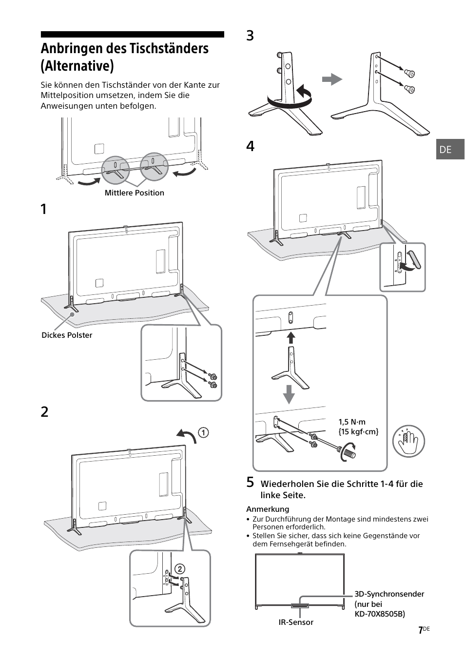 Anbringen des tischständers (alternative) | Sony KD-49X8505B User Manual | Page 71 / 328