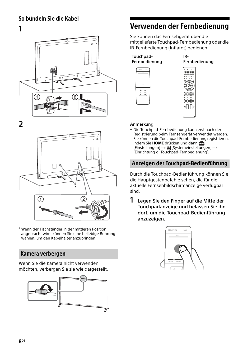 Kamera verbergen, Verwenden der fernbedienung, Anzeigen der touchpad-bedienführung | Sony KD-49X8505B User Manual | Page 72 / 328