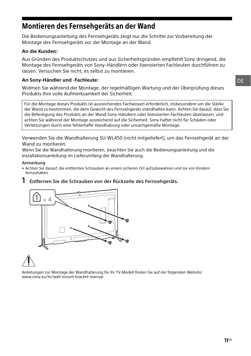 Montieren des fernsehgeräts an der wand | Sony KD-49X8505B User Manual | Page 75 / 328