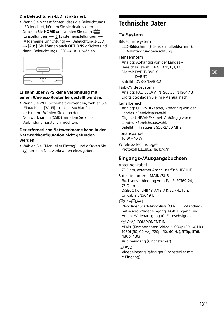 Technische daten, De 13, Tv-system | Eingangs-/ausgangsbuchsen | Sony KD-49X8505B User Manual | Page 77 / 328