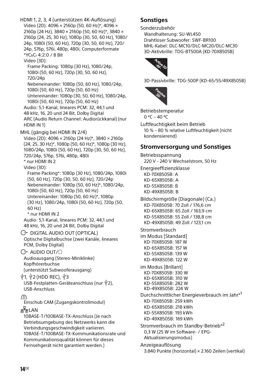 Sonstiges, Stromversorgung und sonstiges | Sony KD-49X8505B User Manual | Page 78 / 328