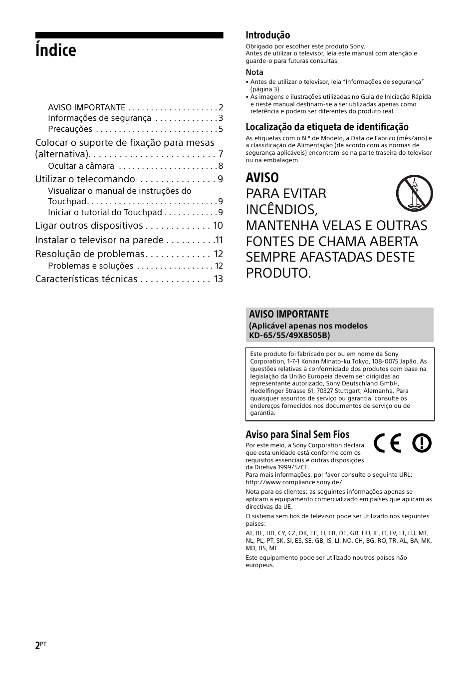 Aviso importante, Índice, Introdução | Localização da etiqueta de identificação, Aviso para sinal sem fios | Sony KD-49X8505B User Manual | Page 82 / 328