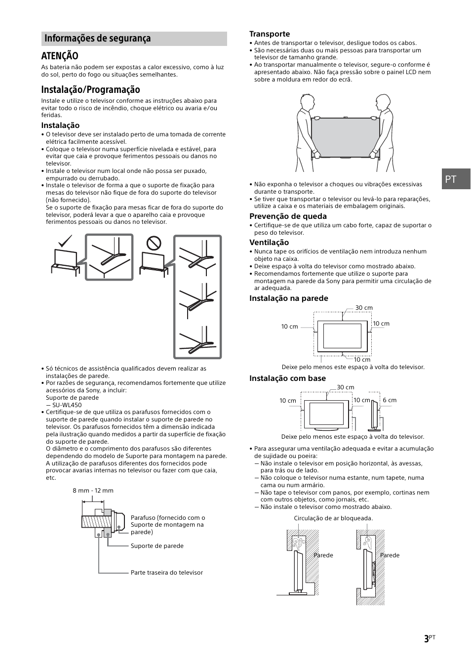 Informações de segurança, Pt 3, Atenção | Instalação/programação | Sony KD-49X8505B User Manual | Page 83 / 328