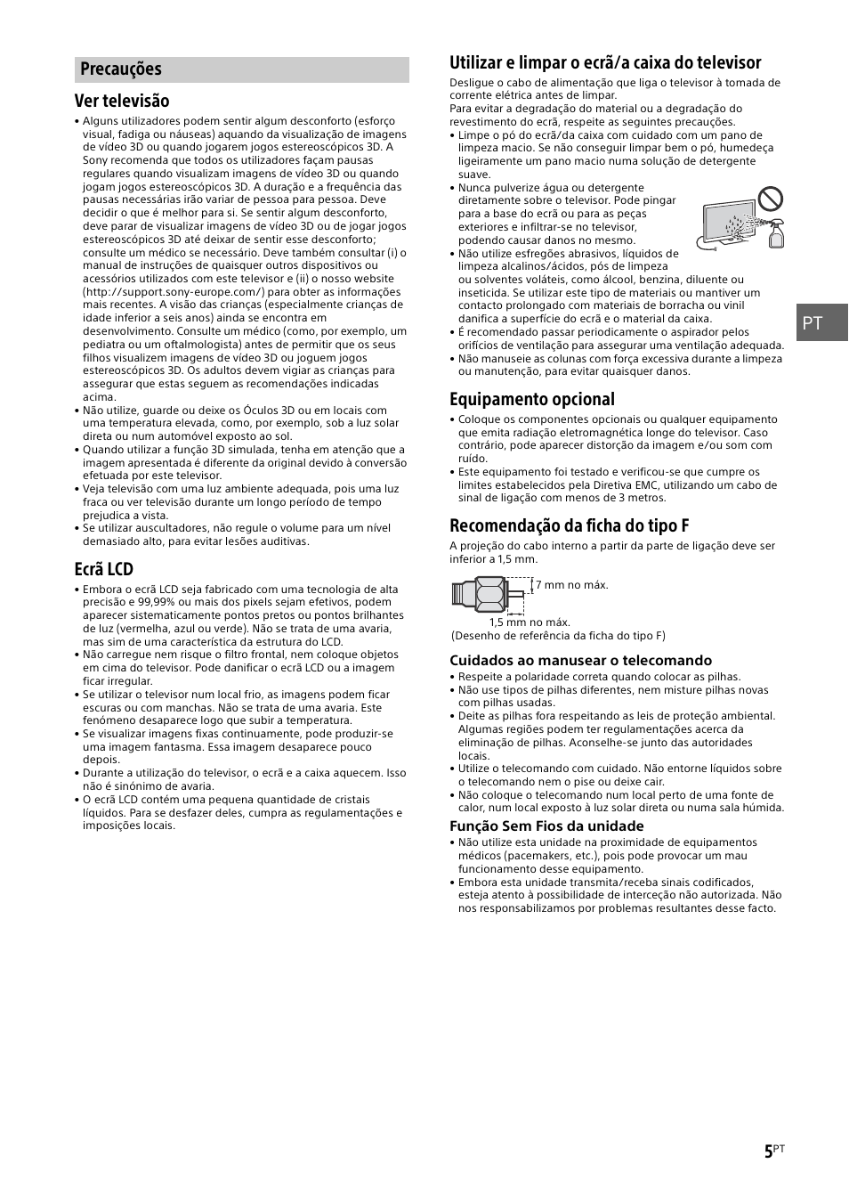 Precauções, Pt 5, Ver televisão | Ecrã lcd, Utilizar e limpar o ecrã/a caixa do televisor, Equipamento opcional, Recomendação da ficha do tipo f | Sony KD-49X8505B User Manual | Page 85 / 328