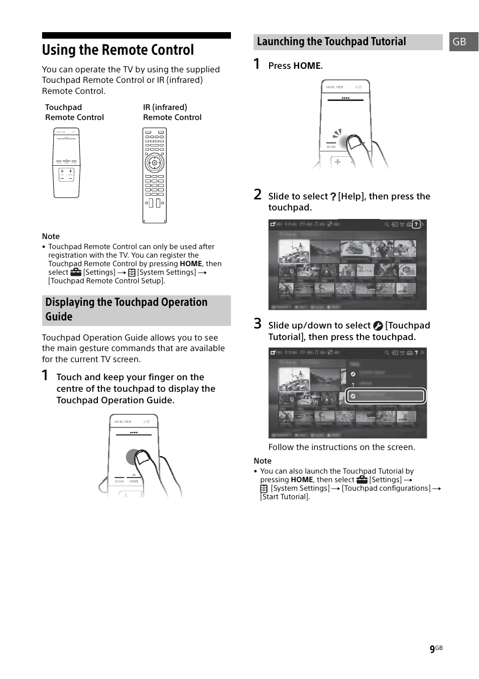 Using the remote control, Displaying the touchpad operation guide, Launching the touchpad tutorial | Sony KD-49X8505B User Manual | Page 9 / 328