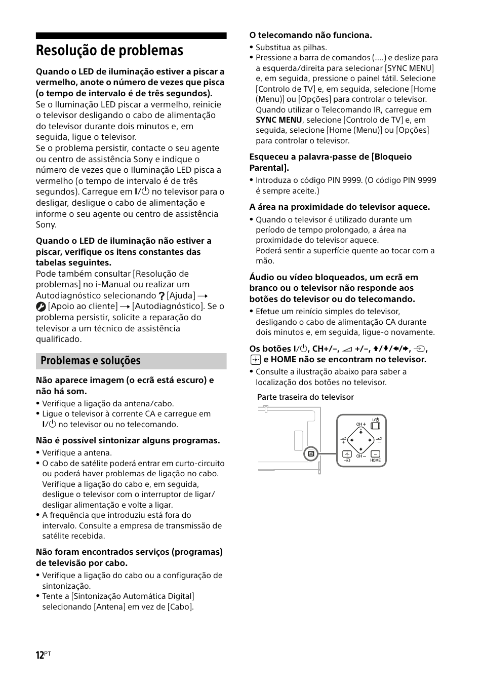 Resolução de problemas, Problemas e soluções | Sony KD-49X8505B User Manual | Page 92 / 328