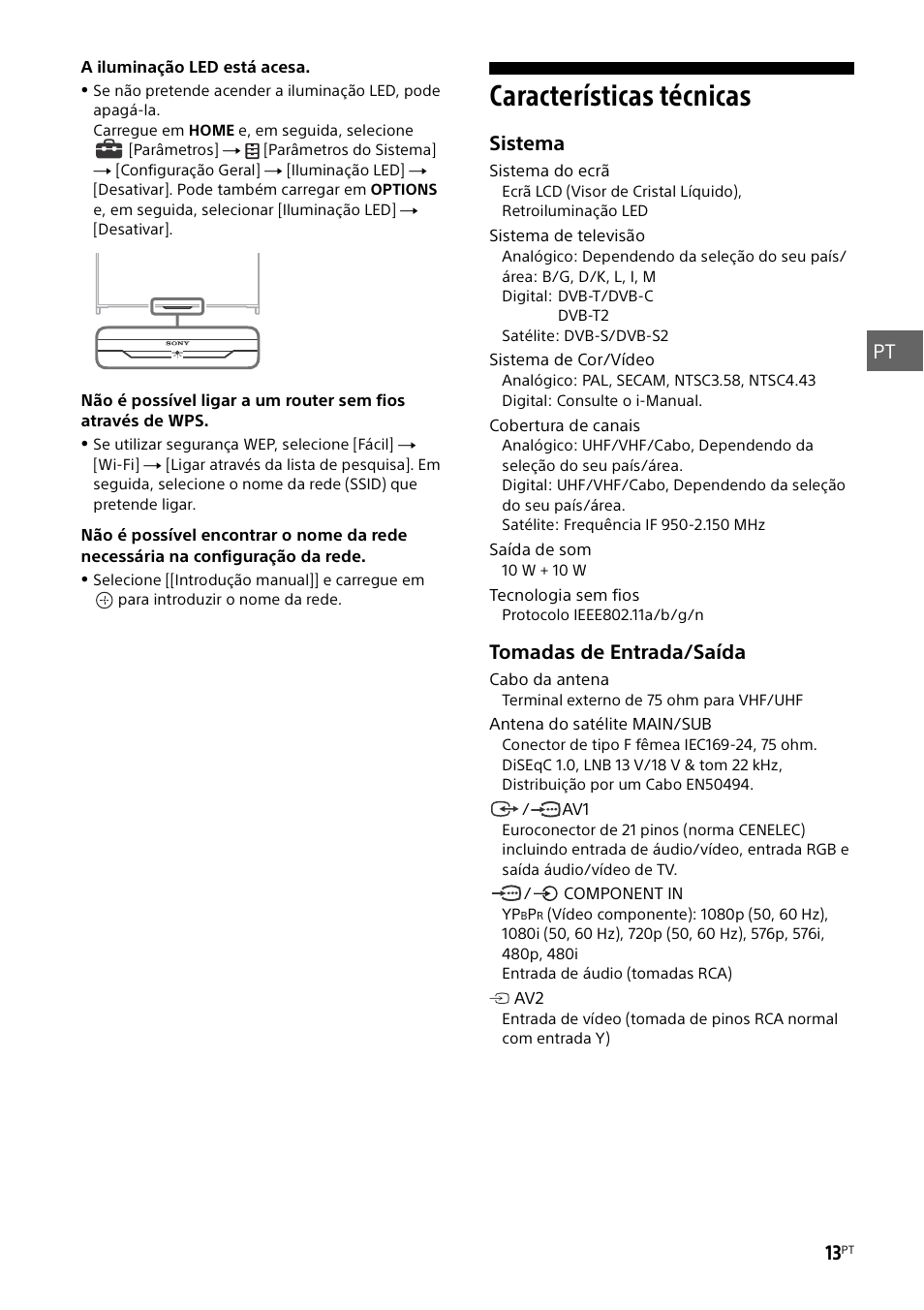 Características técnicas, Pt 13, Sistema | Tomadas de entrada/saída | Sony KD-49X8505B User Manual | Page 93 / 328