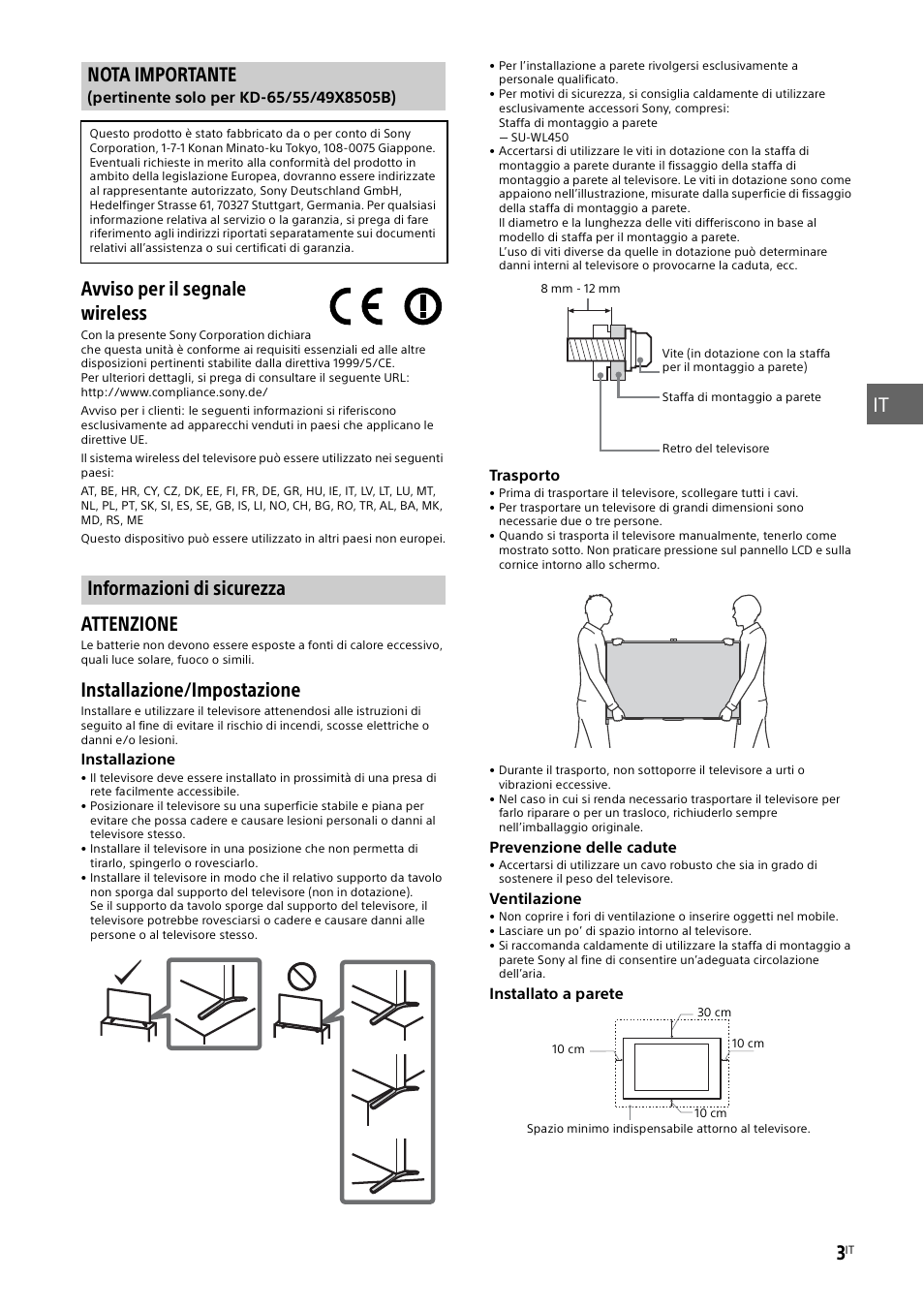 Nota importante, Informazioni di sicurezza, Nota importante informazioni di sicurezza | Informazioni di, Attenzione, Installazione/impostazione | Sony KD-49X8505B User Manual | Page 99 / 328