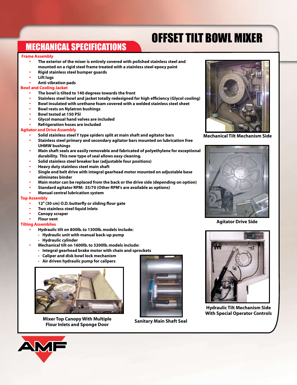 Offset tilt bowl mixer, Mechanical specifications | AMF Offset Tilt Bowl Mixer (OTBM) User Manual | Page 2 / 4