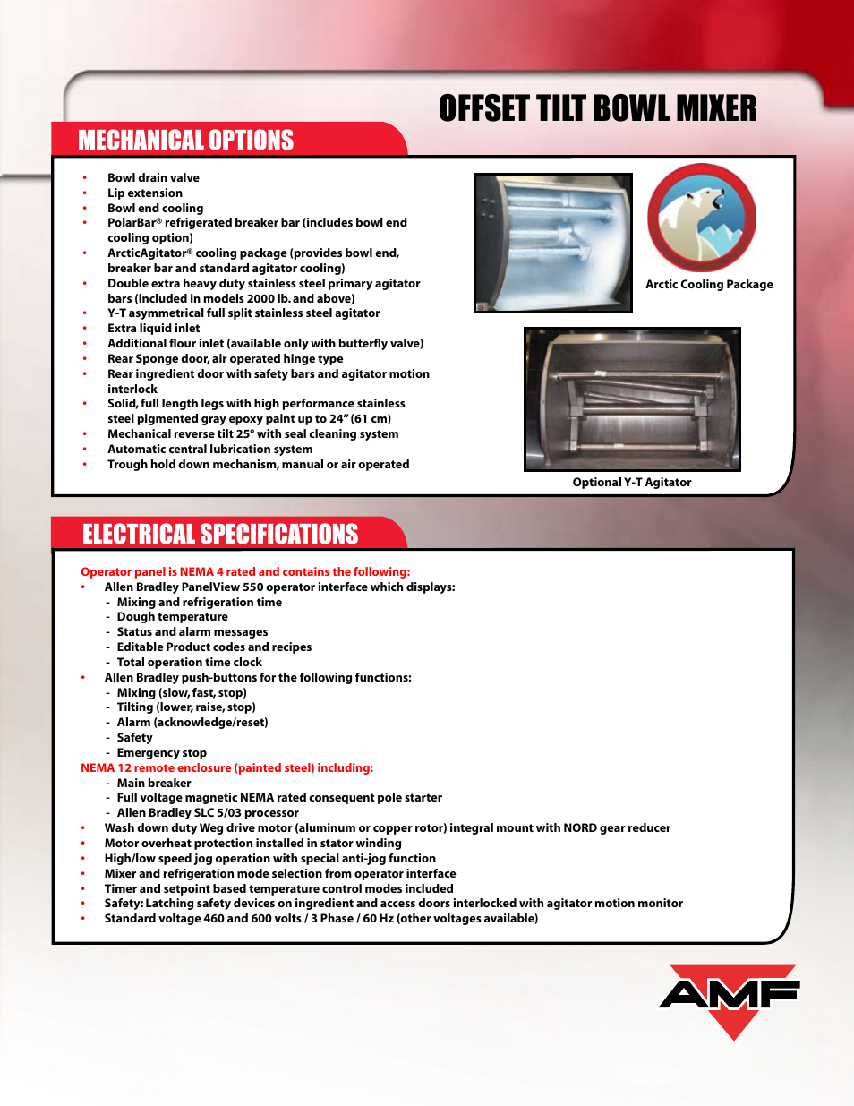Offset tilt bowl mixer, Electrical specifications mechanical options | AMF Offset Tilt Bowl Mixer (OTBM) User Manual | Page 3 / 4