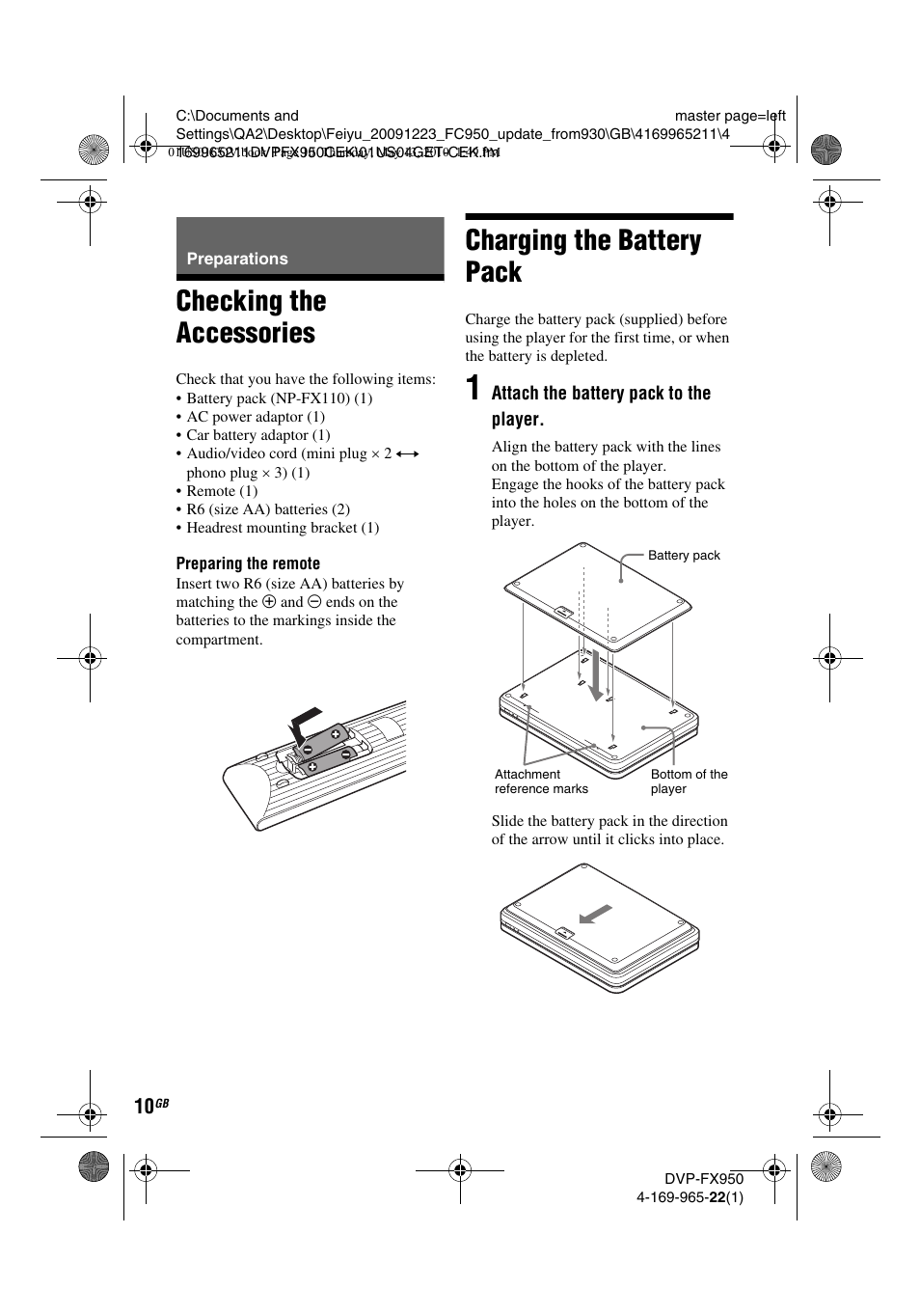 Checking the accessories, Charging the battery pack | Sony DVP-FX950 User Manual | Page 10 / 216