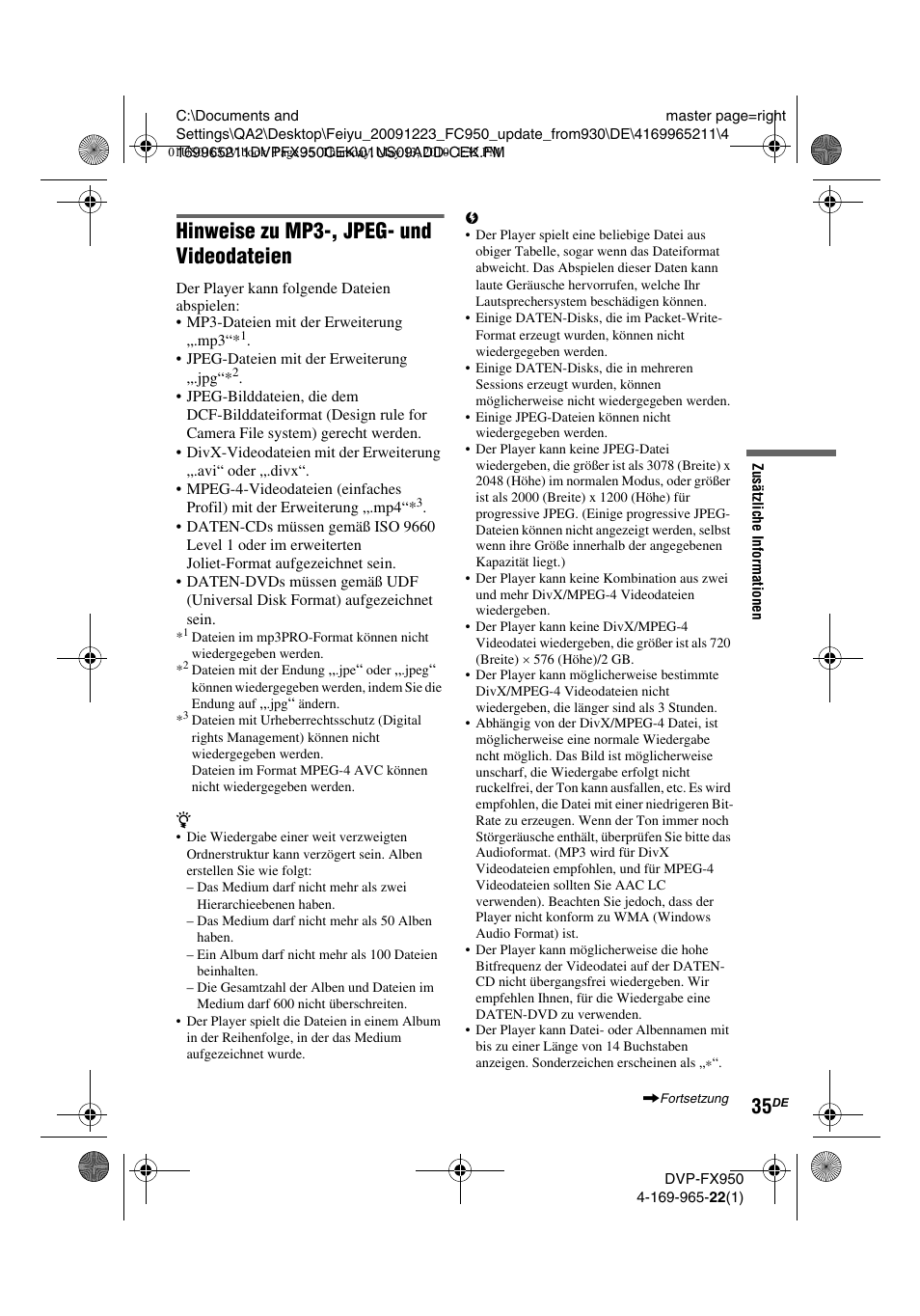 Hinweise zu mp3-, jpeg- und videodateien | Sony DVP-FX950 User Manual | Page 103 / 216