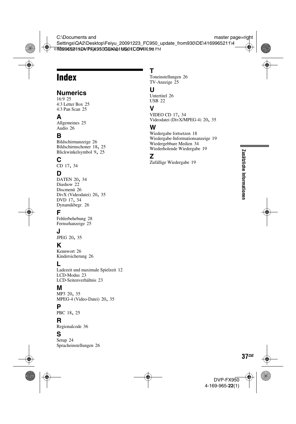 Index | Sony DVP-FX950 User Manual | Page 105 / 216