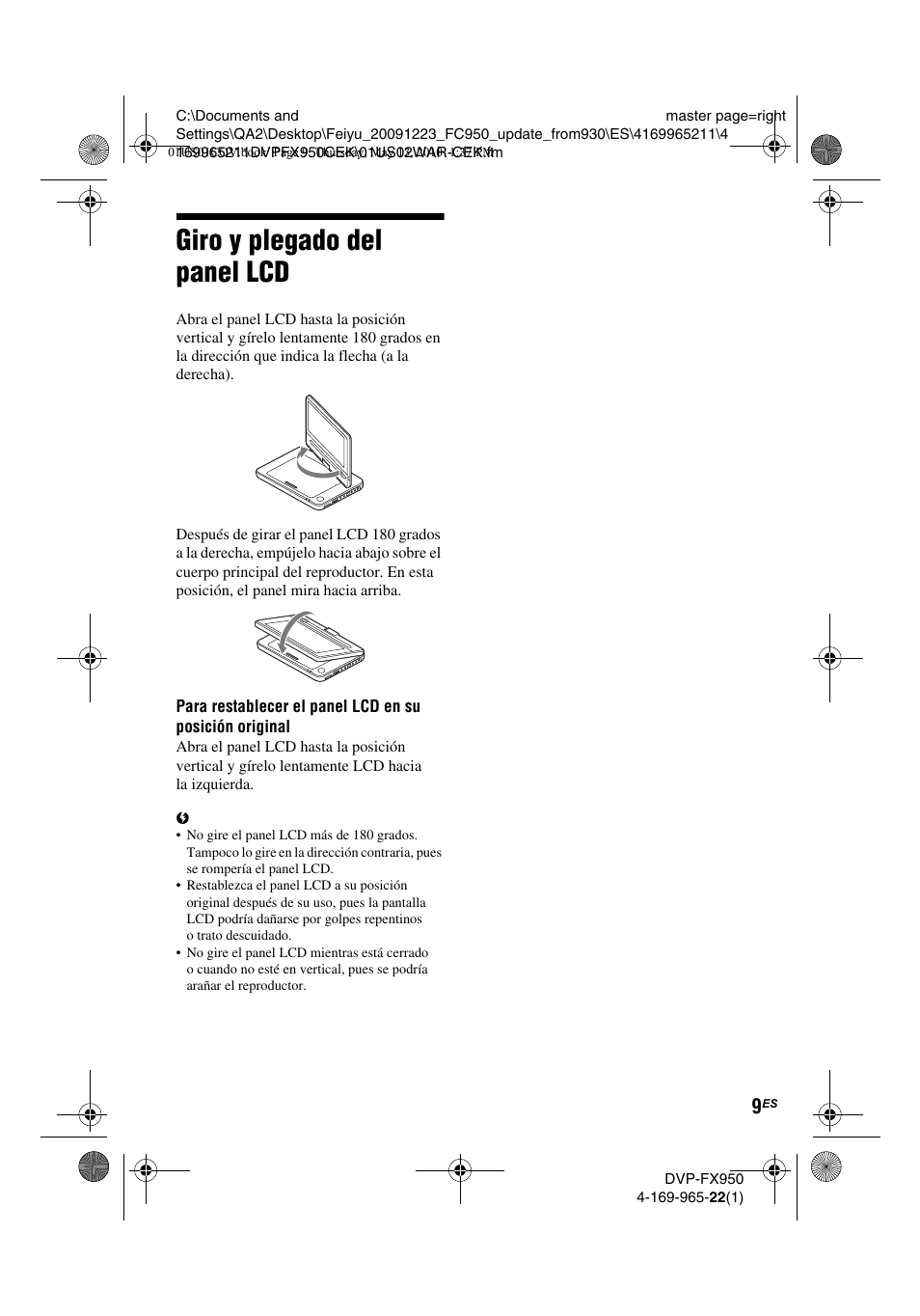 Giro y plegado del panel lcd | Sony DVP-FX950 User Manual | Page 113 / 216