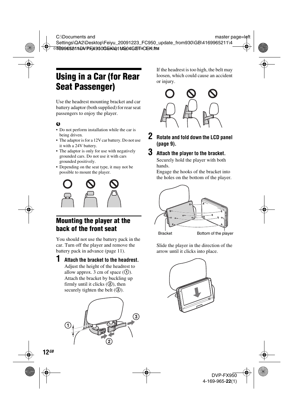 Using in a car (for rear seat passenger), Mounting the player at the back of the front seat | Sony DVP-FX950 User Manual | Page 12 / 216