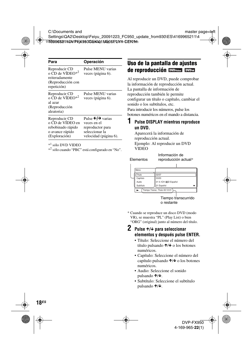 Uso de la pantalla de ajustes de reproducción | Sony DVP-FX950 User Manual | Page 122 / 216